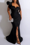 Svarta Elegant Solid Patchwork Aftonklänning med blixtlåskrage