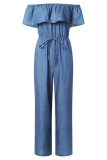 Sky Blue Sexy Solid Flounce Off the Shoulder Loose Jumpsuits