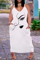White Black Sexy Casual Print Backless Spaghetti Strap Long Dress Plus Size Dresses