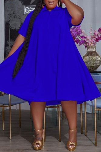 Vestido azul casual sólido básico gola redonda manga curta vestidos tamanho grande