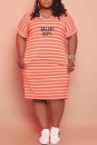 Orange Casual Letter Striped Print Basic V Neck Short Sleeve Dress Plus Size Dresses