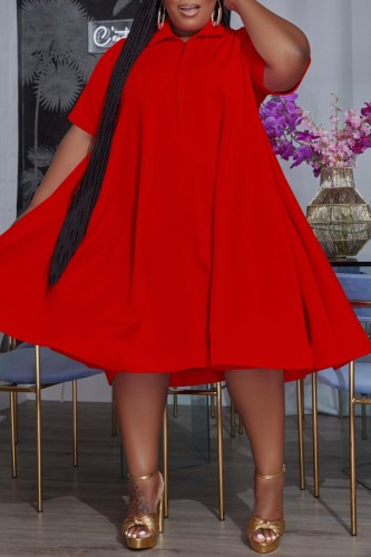 Vestido vermelho casual sólido básico gola redonda manga curta vestidos tamanho grande