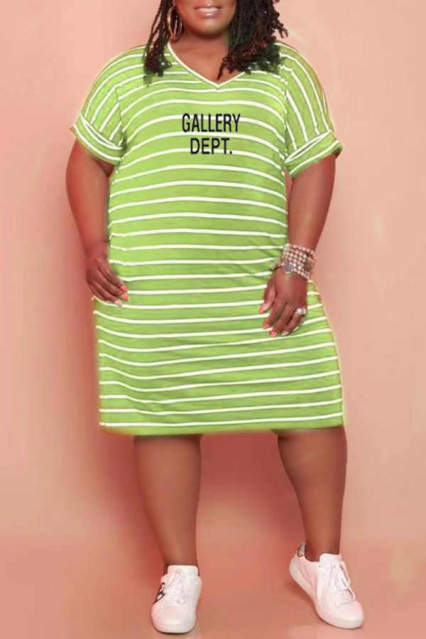 Light Green Casual Letter Striped Print Basic V Neck Short Sleeve Dress Plus Size Dresses