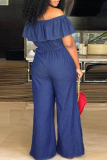 Sky Blue Sexy Solid Flounce Off the Shoulder Loose Jumpsuits