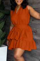 Orange Casual Sweet Solid Patchwork Flounce With Belt Asymmetrical V Neck A Line Dresses
