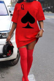 Vestido vermelho casual com estampa de rua patchwork e decote em bico vestidos plus size