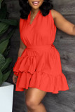 Orange Casual Sweet Solid Patchwork Flounce With Belt Asymmetrical V Neck A Line Dresses