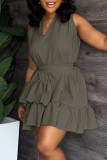 Dark Gray Casual Sweet Solid Patchwork Flounce With Belt Asymmetrical V Neck A Line Dresses