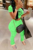 Fluorescent Green Casual Print Fold Pants O Neck Short Sleeve Two Pieces