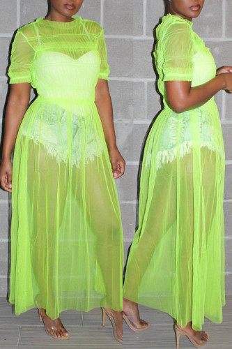 Vestidos transparentes transparentes em patchwork sexy verde fluorescente com decote em O