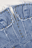 Blue Street Solid Rivets Ripped Make Old Patchwork Zipper Strapless Sleeveless High Waist Straight Denim Jumpsuits