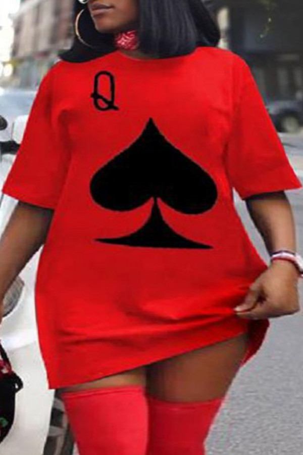 Röd Casual Street Print Patchwork O-hals T-shirt Klänning Plus Size Klänningar