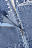 Blue Street Solid Rivets Ripped Make Old Patchwork Zipper Strapless Sleeveless High Waist Straight Denim Jumpsuits
