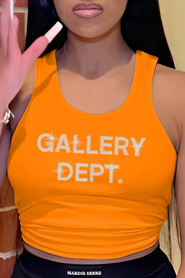 Orange Casual Sportswear Letter U Neck Tops