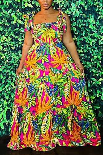Green Casual Vacation Floral Bandage Spaghetti Strap African Print Maxi Dress