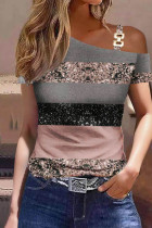 Pink Gray Casual Print Patchwork Oblique Collar T-Shirts