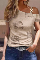 Khaki Casual Print Patchwork Oblique Collar T-Shirts