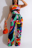 Green Casual Daily Print With Belt O Neck Regular Jumpsuits