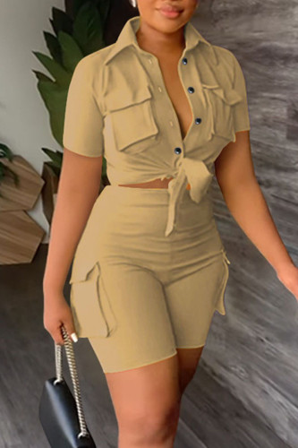 Khaki Casual Solid Bandage Patchwork Pocket Buckle Turndown Collar Short Sleeve Two Pieces