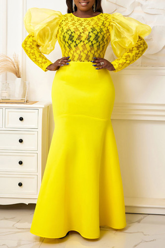 Vestido de noite amarelo elegante sólido patchwork transparente com decote em bico vestidos plus size