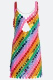 Colour Sexy Patchwork Hollowed Out Backless Slit Spaghetti Strap Sleeveless Dress Dresses