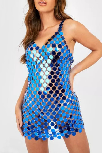 Blå Sexig Solid urholkad Patchwork Genomskinlig rygglös Spaghetti Armband Ärmlösa klänningar