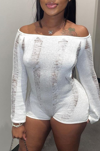 White Sexy Solid Hollowed Out Patchwork See-through Off the Shoulder Skinny Jumpsuits