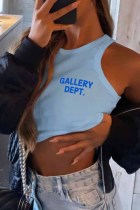 Light Blue Sexy Print Letter O Neck Tops