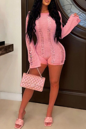 Pink Sexy Solid Hollowed Out Patchwork See-through Off the Shoulder Skinny Jumpsuits