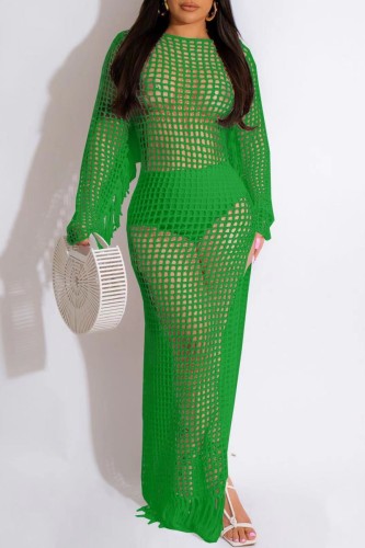 Green Sexy Solid Tassel Hollowed Out See-through Slit O Neck Beach Dress Dresses
