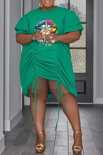 Vert Casual Lips Imprimé Draw String O Neck Straight Plus Size Robes