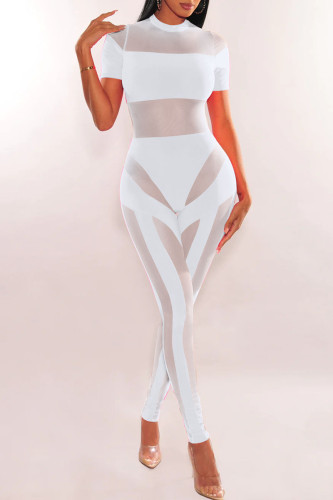 Vita Sexiga Solid Patchwork Genomskinliga O-hals Skinny Jumpsuits