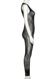 Macacões skinny preto sexy sólido com retalhos vazados decote em U