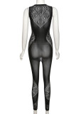 Black Sexy Solid Hollowed Out Patchwork U Neck Skinny Jumpsuits