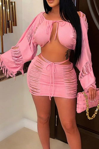 Pink Sexy Solid Draw String O Neck Long Sleeve Two Pieces