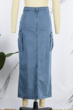 Blue Casual Solid Patchwork Slit Asymmetrical High Waist Regular Denim Skirts
