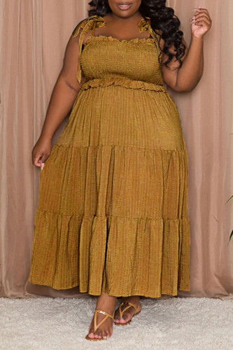 Vestido sling amarelo casual doce sólido curativo patchwork dobra espaguete vestidos de tamanho grande