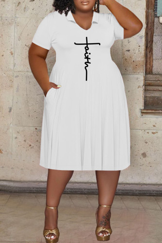 White Casual Print Patchwork V Neck Short Sleeve Dress Plus Size Dresses