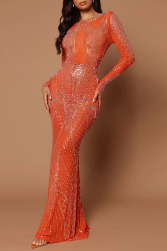 Orange Sexy Formal Patchwork Hot Drilling See-through O Neck Long Dress Dresses