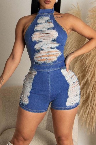 Blue Sexy Casual Solid Ripped Backless Halter Sleeveless Skinny Denim Romper