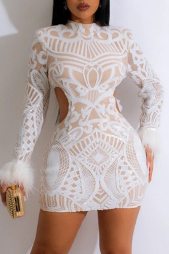 White Sexy Patchwork Hollowed Out Sequins Half A Turtleneck Long Sleeve Dresses