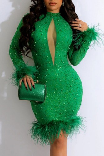 Green Sexy Patchwork Hot Drilling Hollowed Out Half A Turtleneck Long Sleeve Dresses