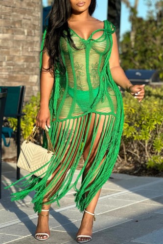 Grön sexig solid tofs urholkad genomskinlig V-ringad ärmlös klänning