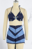 Blue Sexy Patchwork Bandage Hollowed Out Backless Contrast Halter Sleeveless Two Pieces