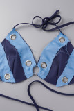 Bandagem de retalhos sexy azul vazada sem costas contraste frente única sem mangas duas peças