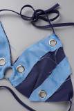 Bandagem de retalhos sexy azul vazada sem costas contraste frente única sem mangas duas peças
