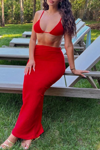 Red Sexy Solid Bandage Backless Swimsuit Three Piece Set