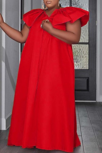 Red Casual Solid Patchwork V Neck Long Dress Plus Size Dresses