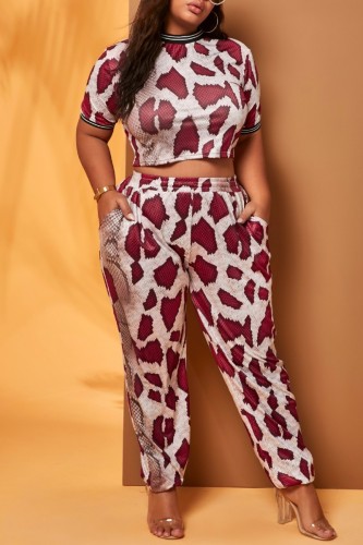Red Casual Sweet Print Basic Plus Size Two Pieces