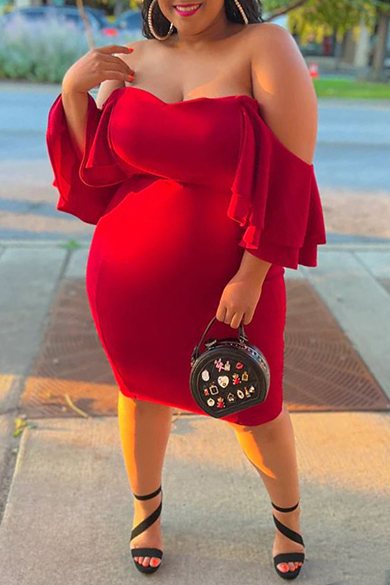 Fashion Red Sexy Plus Size Solid Backless Off The Shoulder Short Sleeve Dress For Sale